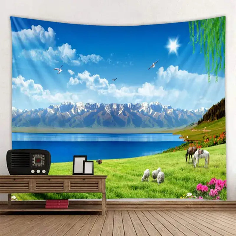 "Large Mountain Scenery Tapestry with Glowing Psychedelic Anime Wolf Design - Boho Home Decor Wall Hanging"