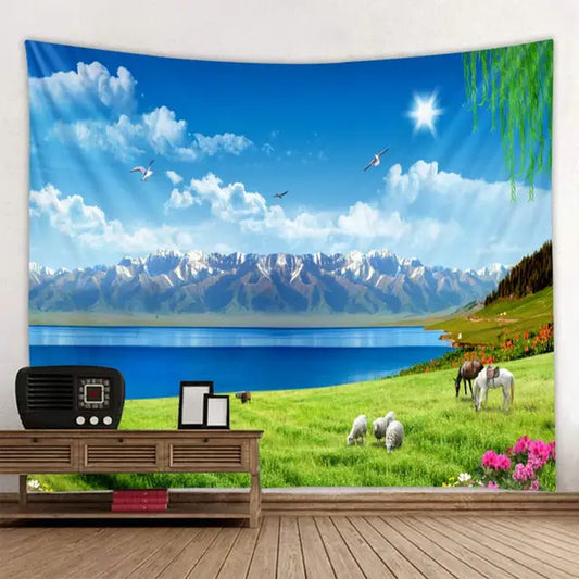 "Large Mountain Scenery Tapestry with Glowing Psychedelic Anime Wolf Design - Boho Home Decor Wall Hanging"