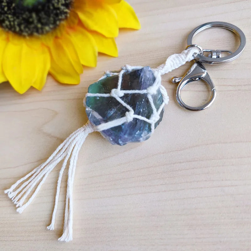 Amethyst Citrine Quartz Crystals Crystals Macrame Keychains for Women Natural Stone Tassel Key Rings Pendant Accessories Gift