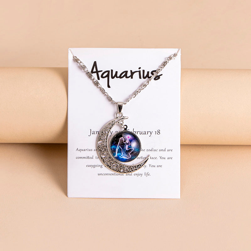 12 Zodiac Sign Moon Pendant Necklace with Glass Constellation Charm for Women and Girls