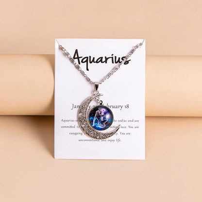 12 Zodiac Sign Moon Pendant Necklace with Glass Constellation Charm for Women and Girls