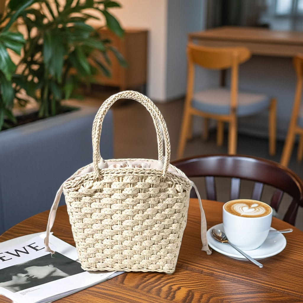 Boho Straw Bag with Drawstring Handle Khaki and Camel Woven Handbag
