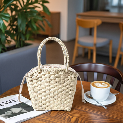 Boho Straw Bag with Drawstring Handle Khaki and Camel Woven Handbag