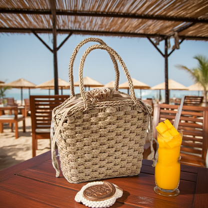 Boho Straw Bag with Drawstring Handle Khaki and Camel Woven Handbag