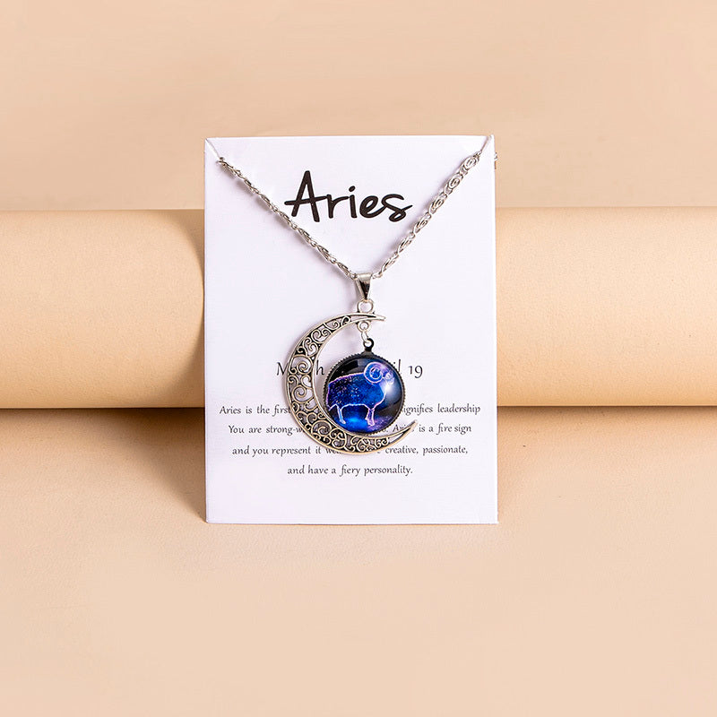 12 Zodiac Sign Moon Pendant Necklace with Glass Constellation Charm for Women and Girls