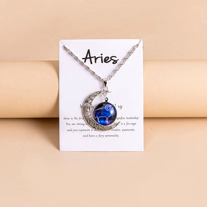12 Zodiac Sign Moon Pendant Necklace with Glass Constellation Charm for Women and Girls