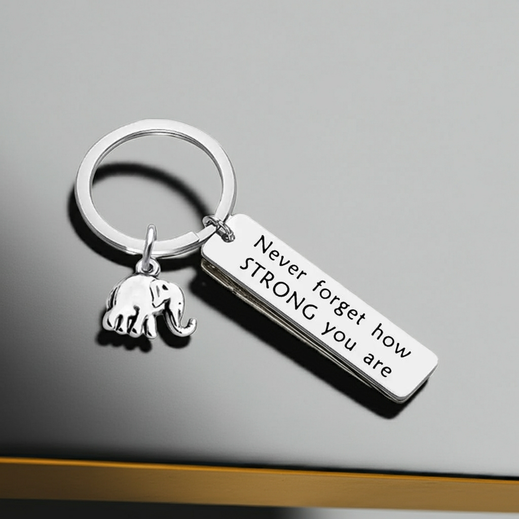 Never Forget How Strong You Are Elephant Keychain – Inspirational Stainless Steel Pendant