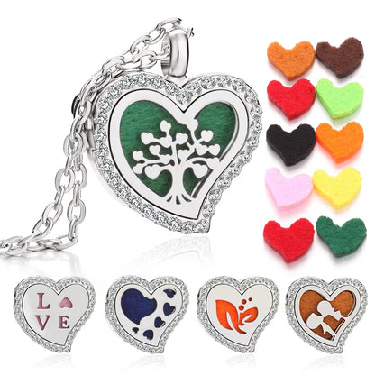 2023 New Aromatherapy Necklace Diffuser Pendant Locket Crystal Tree Love Heart Perfume Essential Oil Diffuser Necklace for Women