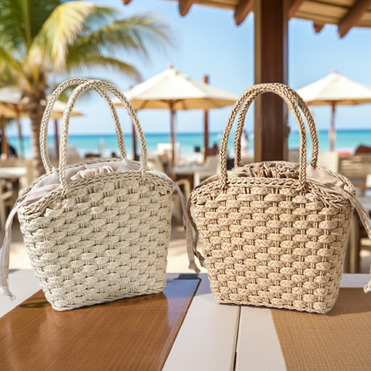 Boho Straw Bag with Drawstring Handle Khaki and Camel Woven Handbag