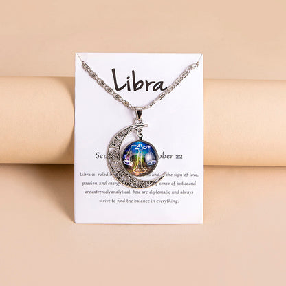 12 Zodiac Sign Moon Pendant Necklace with Glass Constellation Charm for Women and Girls