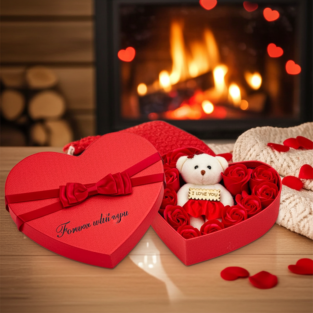 Plush Bear Gift Box with Soap Rose Flowers and 24K Gold Foil Rose Romantic Keepsake