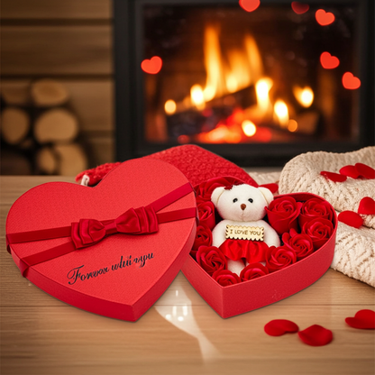 Plush Bear Gift Box with Soap Rose Flowers and 24K Gold Foil Rose Romantic Keepsake