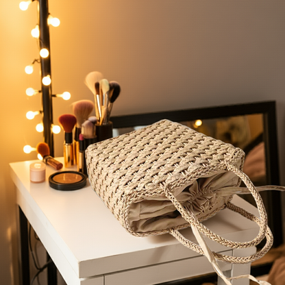 Boho Straw Bag with Drawstring Handle Khaki and Camel Woven Handbag