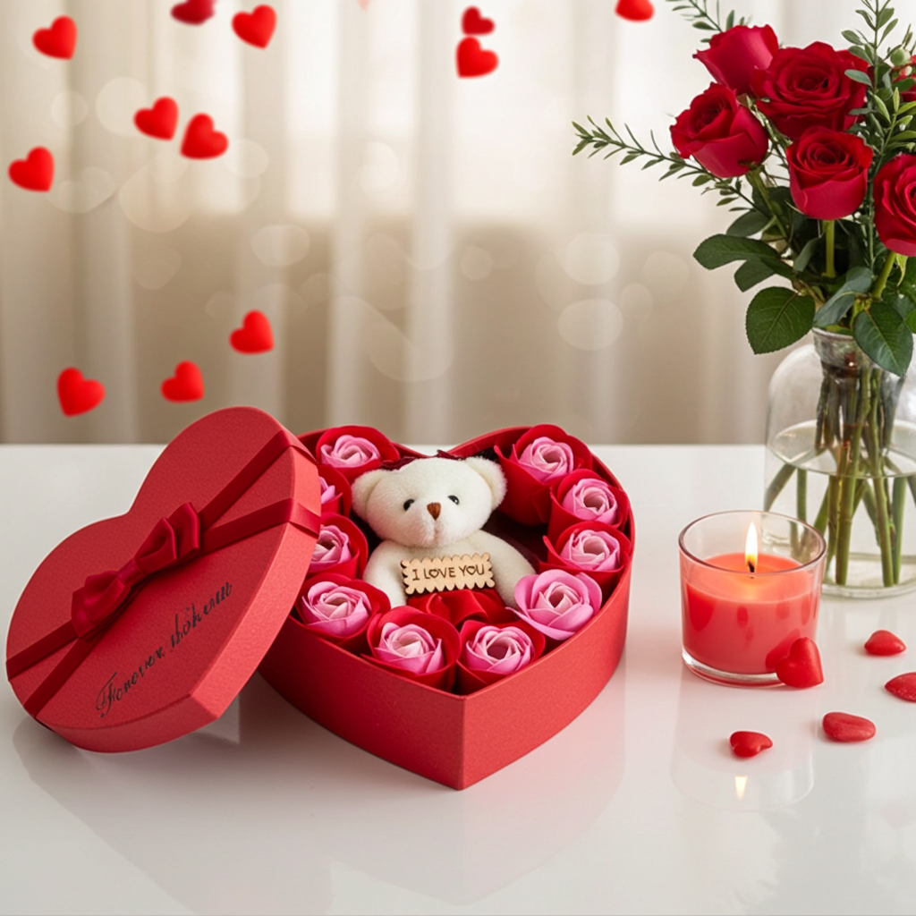 Plush Bear Gift Box with Soap Rose Flowers and 24K Gold Foil Rose Romantic Keepsake
