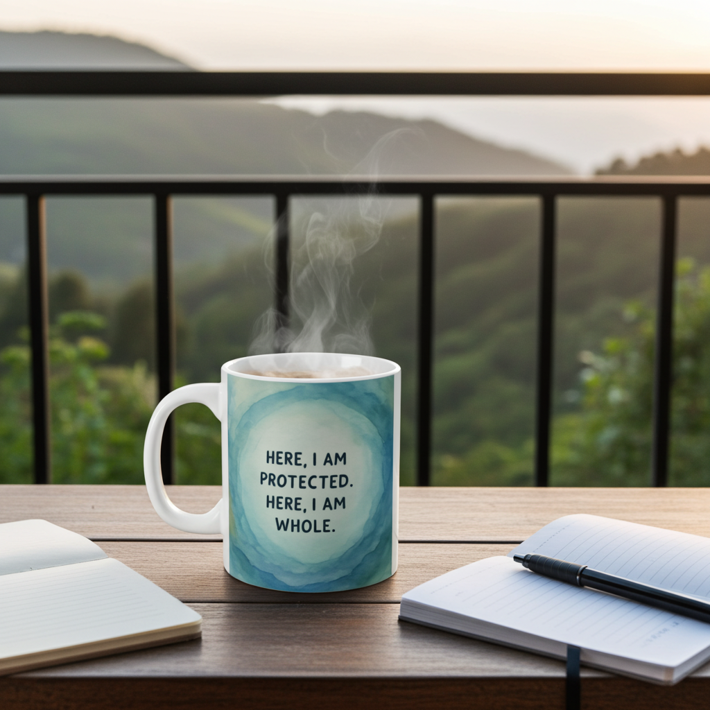 Here I Am Protected, Here I Am Whole Mug — Inspirational 11oz Ceramic Coffee Cup