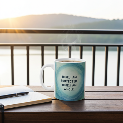 Here I Am Protected, Here I Am Whole Mug — Inspirational 11oz Ceramic Coffee Cup
