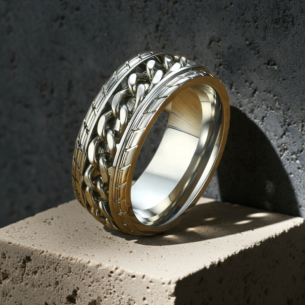 Stainless Steel  Spinner Ring with Silver Curb Chain